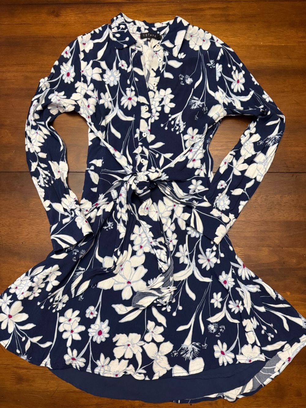 1.STATE Floral Tie Collared Shirt Dress in Navy